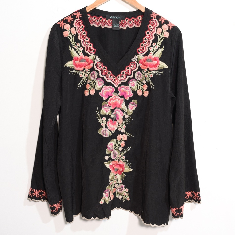 Floral Embroidered  Boho Mesh Sheer Black V-neck Tunic Blouse Small Oversized